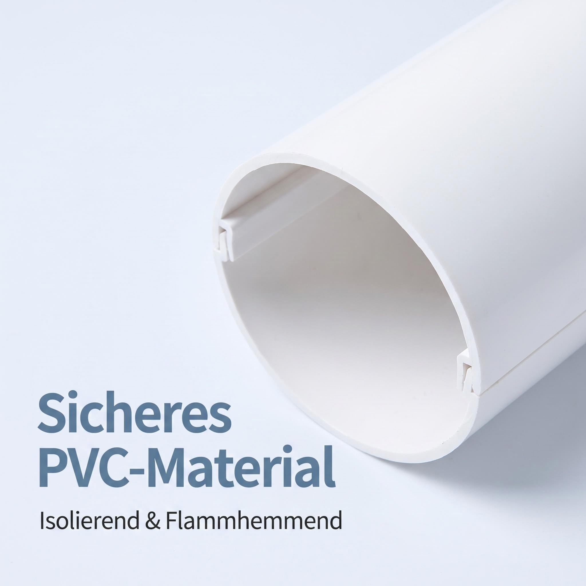 Canaleta para cables circular de PVC blanco (2 unidades, 2 x 1 m), diseño de dos piezas con cierre a presión, montaje sin herramientas, ignífugo, revestimiento de cables y cubierta de tubo para hogar