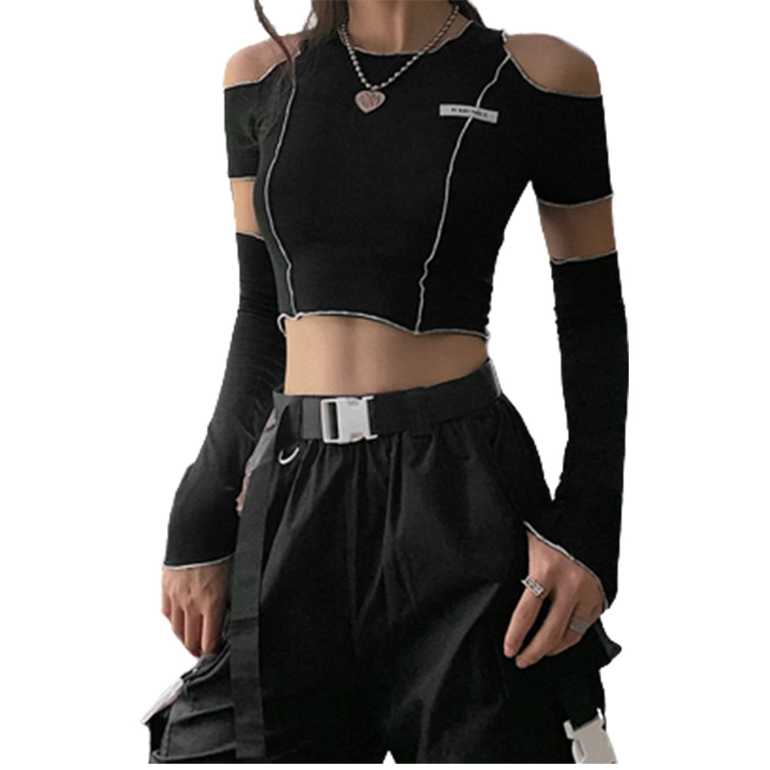 SumlenoCyber Y2k Techwear Women Tops Sexy Cut Out See Through Mesh Crop Top Grunge Alt Emo Clothes Gothic Subversive Clothing