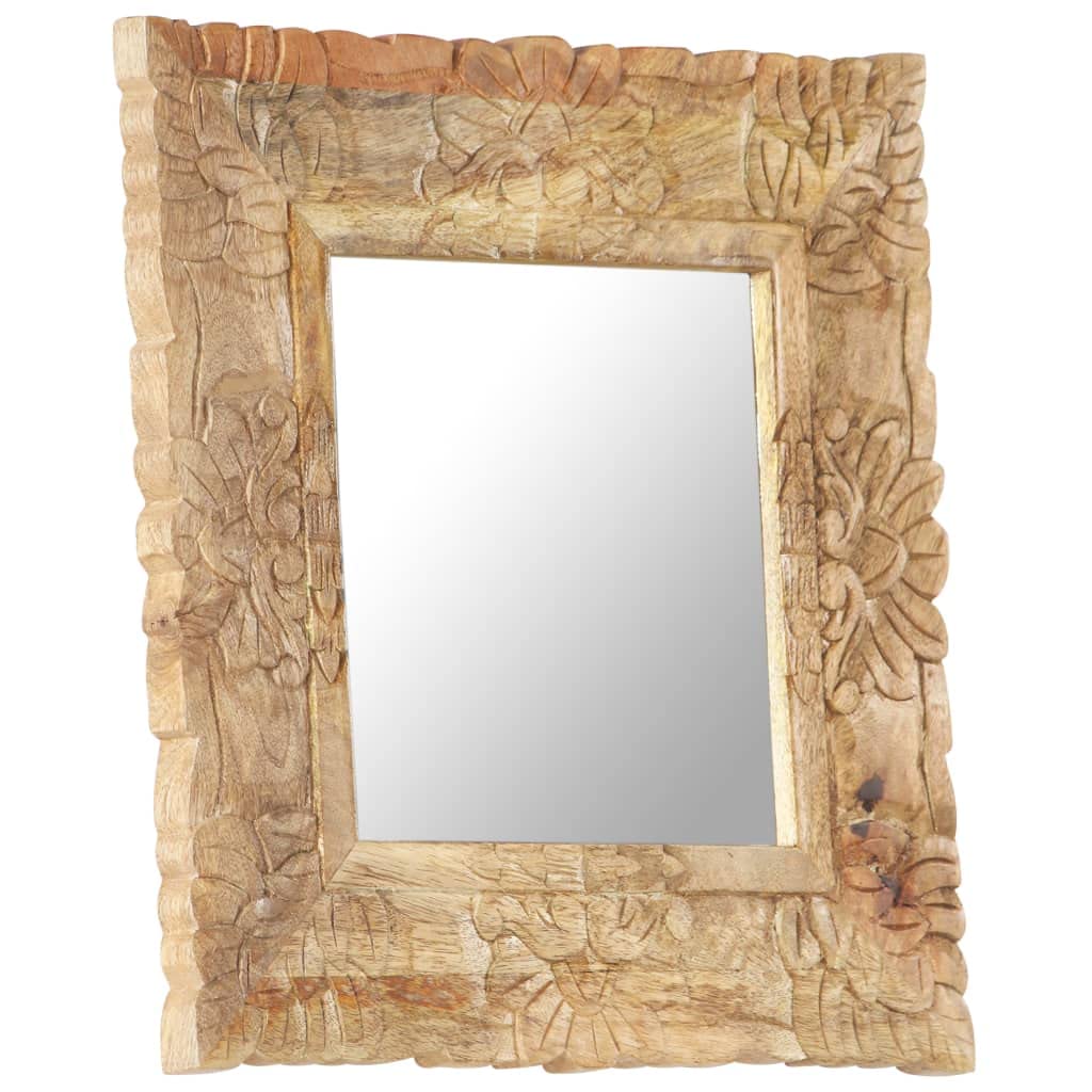 Spiegel aus massivem Mangoholz 50 x 50 cm mit handgeschnitztem Muster, freistehend für Flur Garderobe Schlafzimmer Bad, Deko Wand Spiegel für Make-up und Rasur