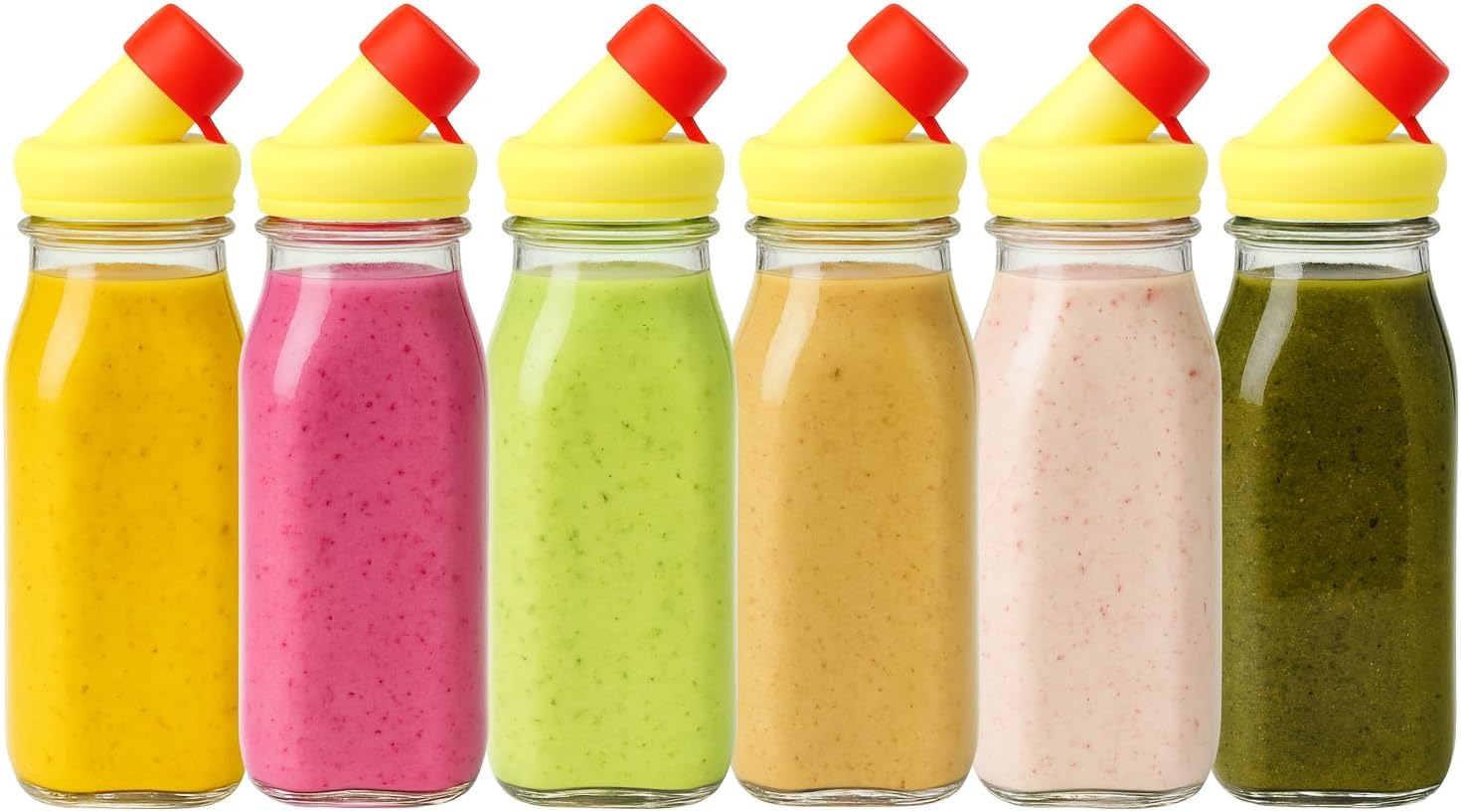 kitchentoolz Salad Dressing Shaker Bottle - 12oz Glass Salad Dressing Dispenser Container with Silicone Pour Spout for Sauces, Ranch, and Marinades - Pack of 4