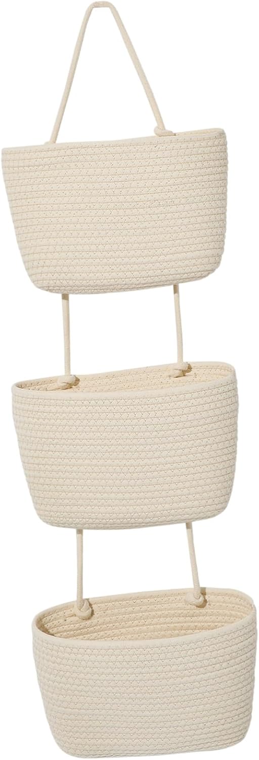 Hanging Wall Organizer Basket Woven Storage for Door Wall Minimalist Cotton Storage for Bathroom Kitchen Bedroom Versatile Home Decor