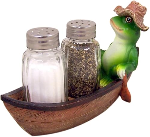 Miniatura 2 de Croak Creek - Figura de resina de canoa de rana en canoa con soporte para salero y pimentero de cristal, 7 pulgadas