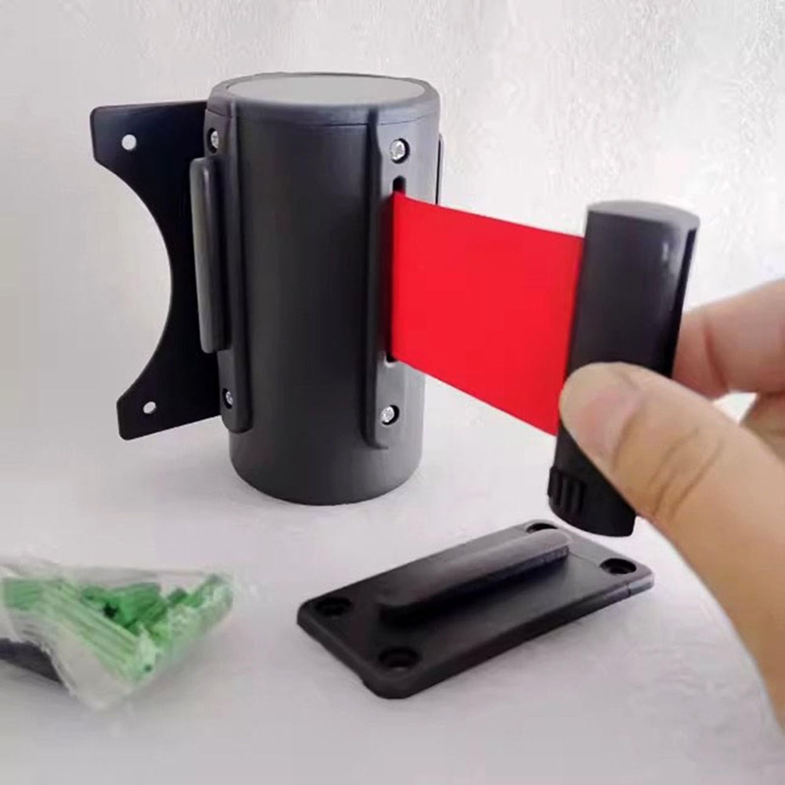 CAIFEXUE Red Wall Mount Queue Belt Barrier, 2/3/5/10M Queuing Safety Tape Cordon, with Mounting Accessories and Carbon Steel Housing/B/10M(32Ft)