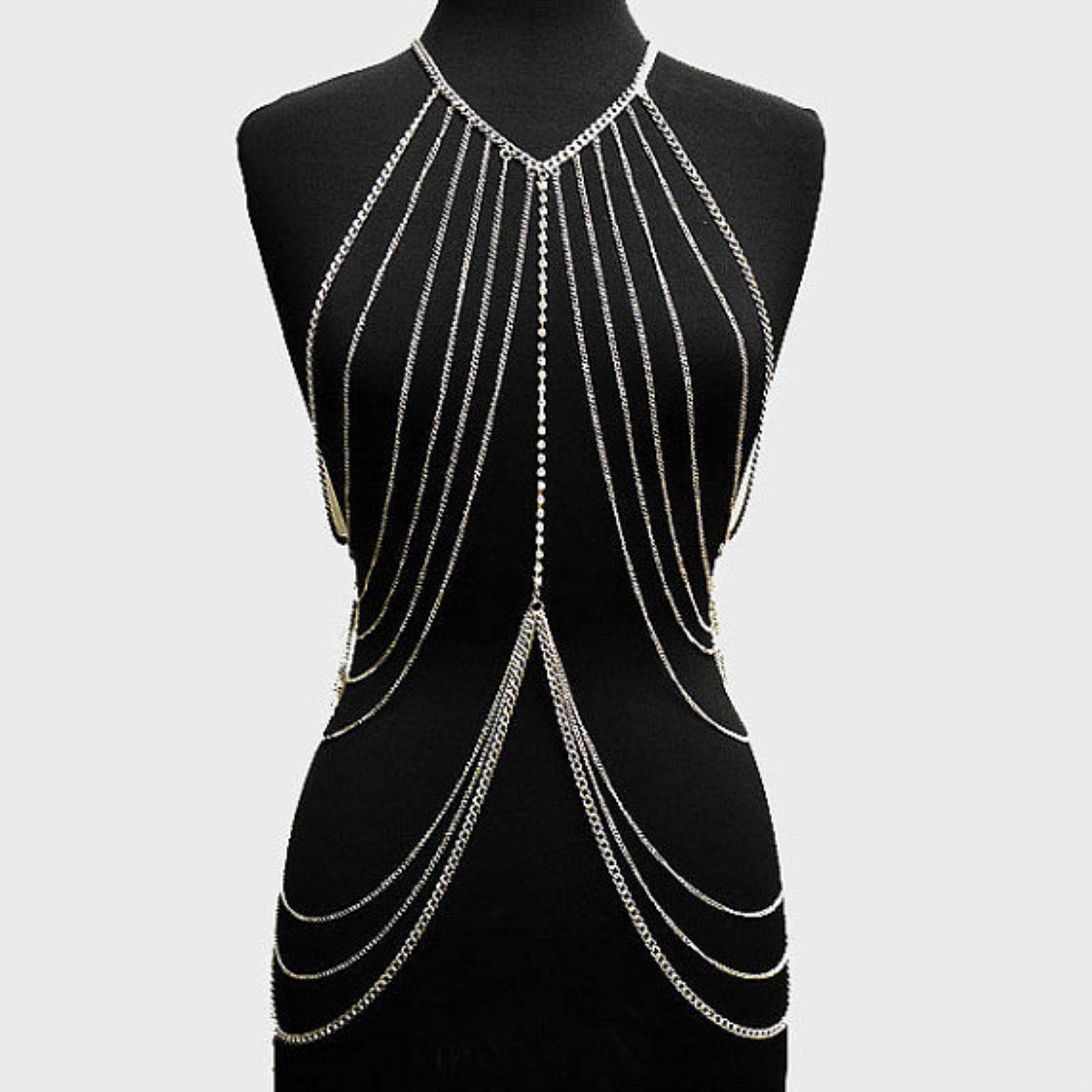 RWRAPS Mehrschichtiger Ganzkörper-Kettengeschirr für Frauen, glänzend, sexy Bauch-Accessoires, Goldfarbe, Damen-Mode-Taillenschmuck (Gold)