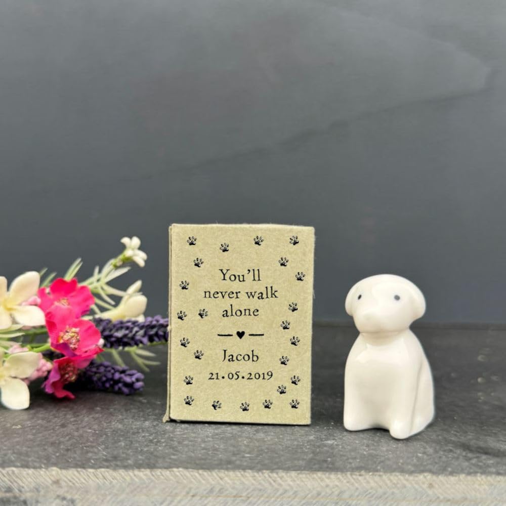 Luck And Luck White Personalised Porcelain Matchbox Dog 'You'll Never Walk Alone', Friendship Boxed Gift, Keepsake Ornament, Porcelain Token Gift