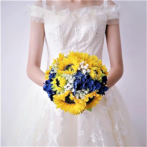 Uwedding Ramo de novia de girasol artificial, 10 pulgadas, romántico, hecho a mano, con flores falsas amarillas, ramo de novia para boda, fiesta,
