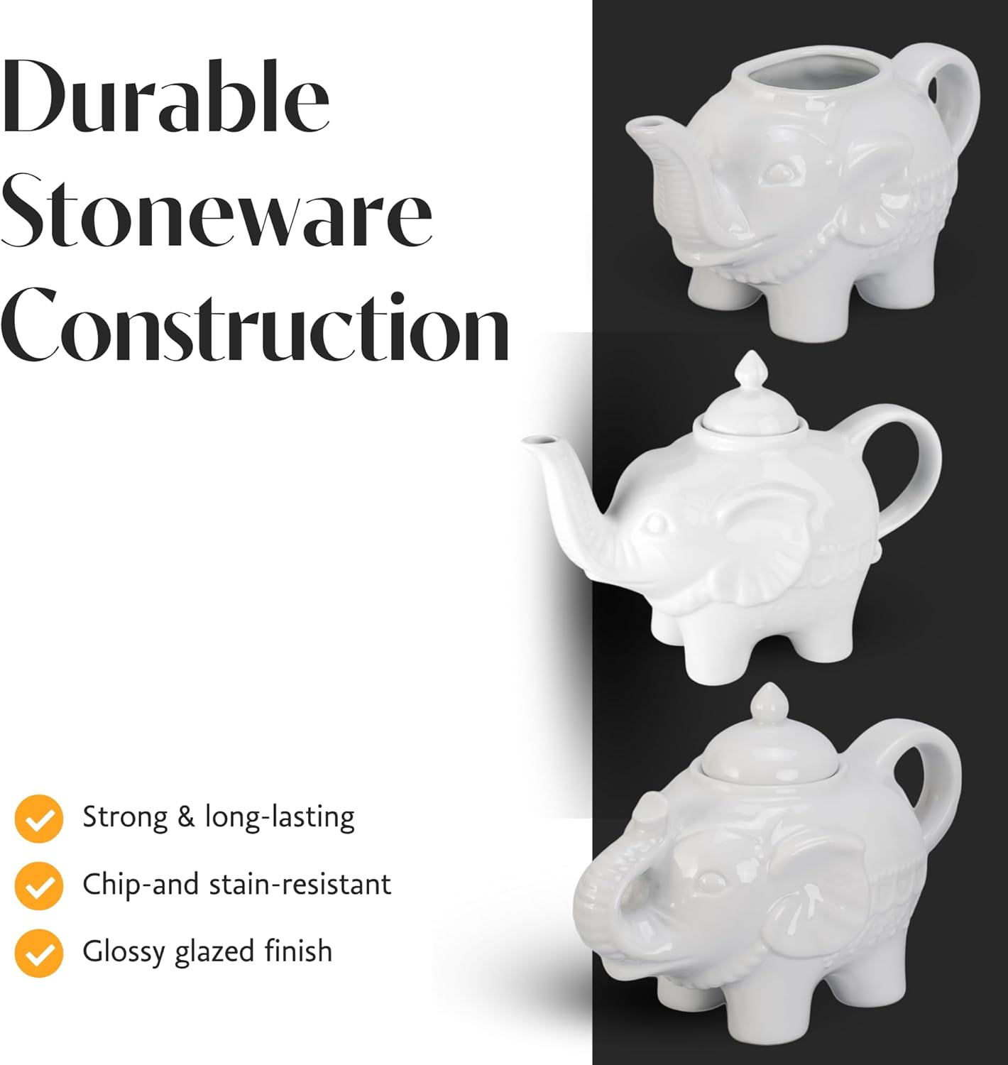 BIA Cordon Bleu Elephant Tea Set - 28oz Serving Teapot, 10oz Sugar Bowl, 11oz Creamer - Glossy White Porcelain, Durable & Dishwasher Safe Tabletop Trio - Great Housewarming Gift for Tea/Coffee Lovers