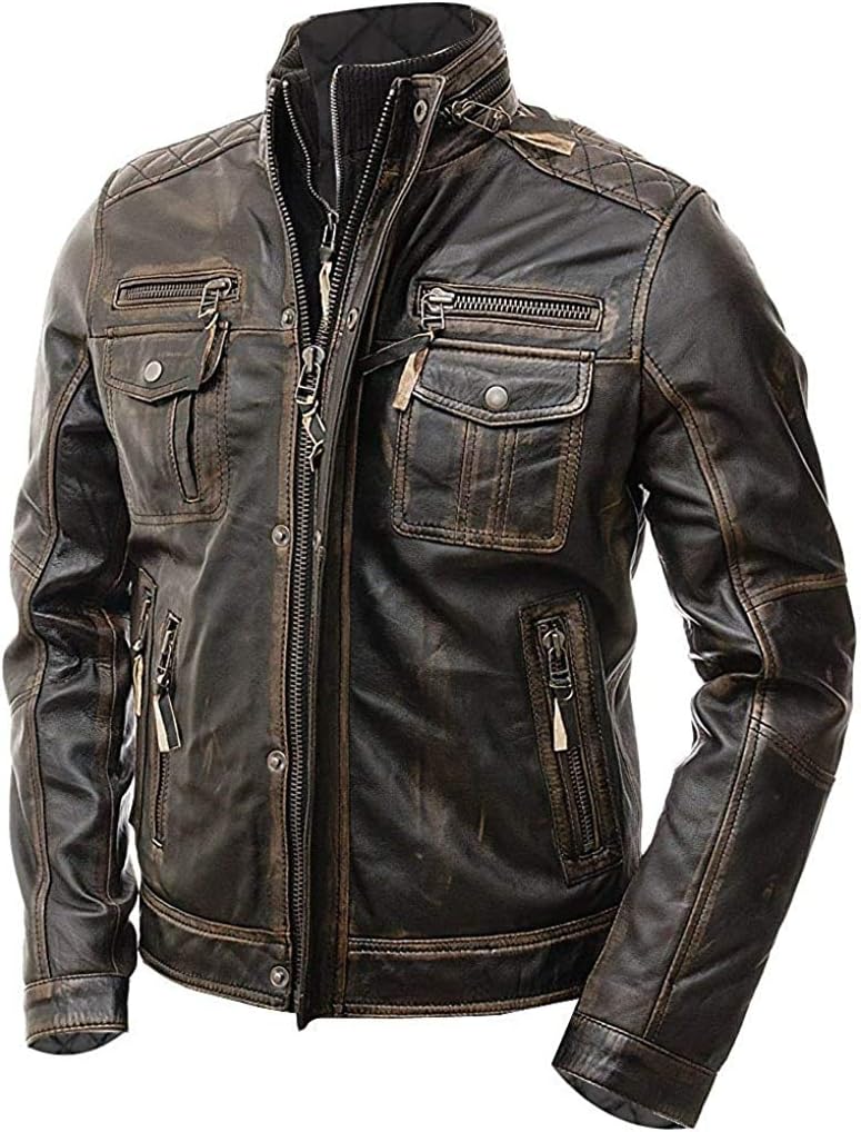 Men’s Motorcycle Biker Slim Fit Vintage Distressed Brown Cafe Racer Real Leather Jacket