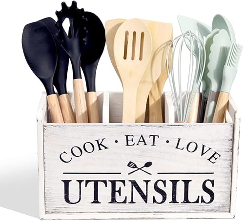 Miniatura 9 de Organizador de utensilios de cocina de granja, soporte para utensilios de encimera de madera maciza, soporte de cuchara de 3 compartimentos para