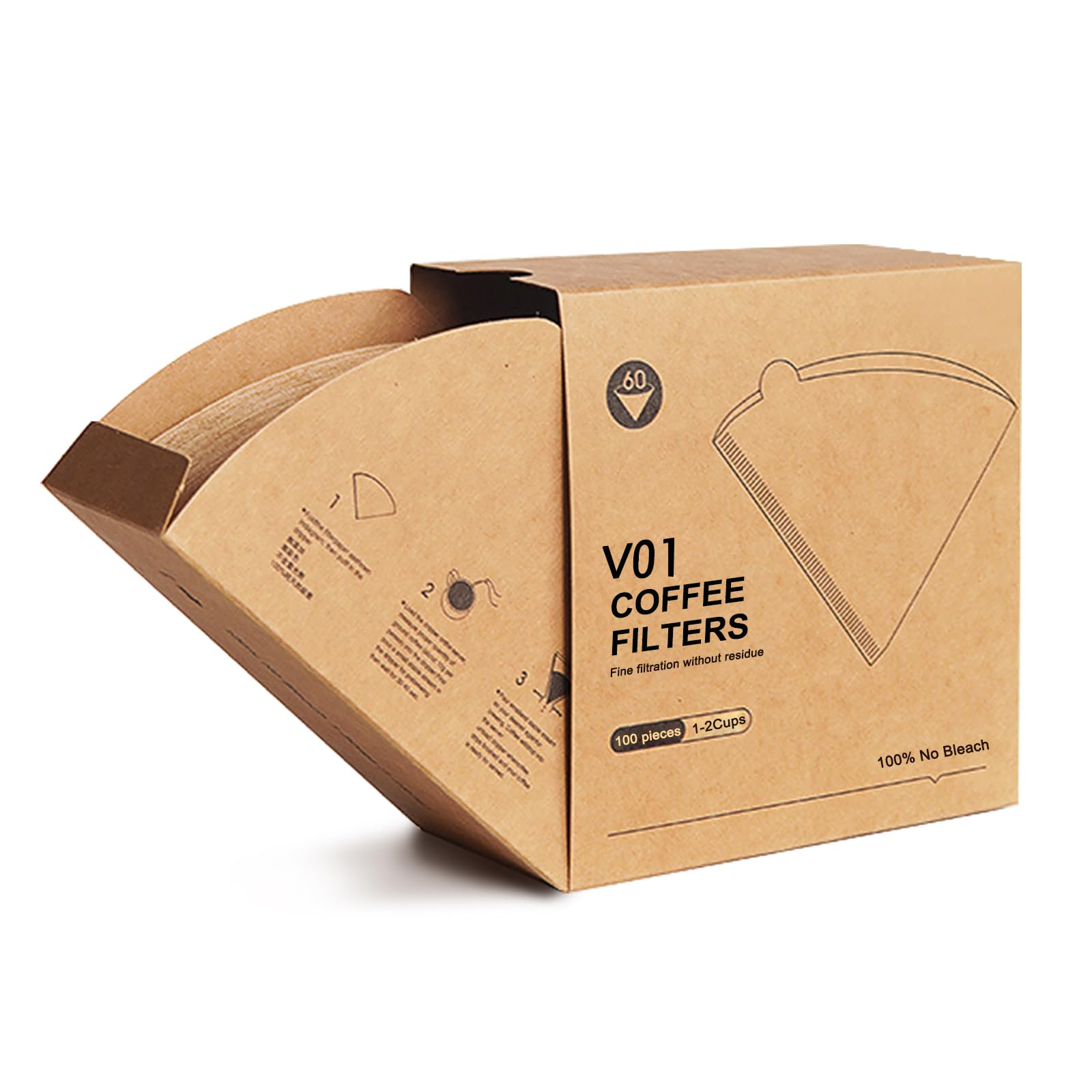 V01 Coffee Filters 100ct - 1-2 Cup V60 Side-Tear Kraft Pack | Fast Flow, Bleach-Free Paper Filters
