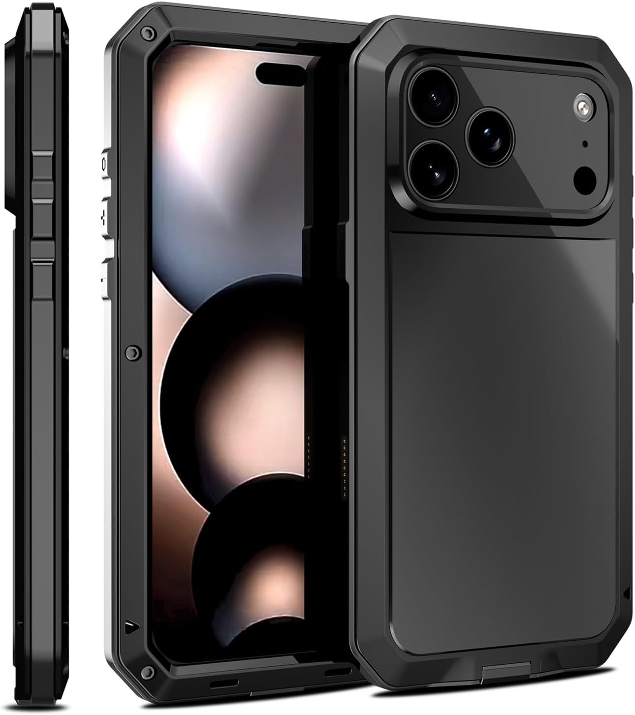 Military Grade Metal Case for iPhone 17 Pro Max/17 Pro, Heavy Duty Aluminum Alloy Bumper with Tempered Glass Screen Protector, Shockproof Dustproof Water Resistant, Shock-Absorbent(Black,17 Pro Max)