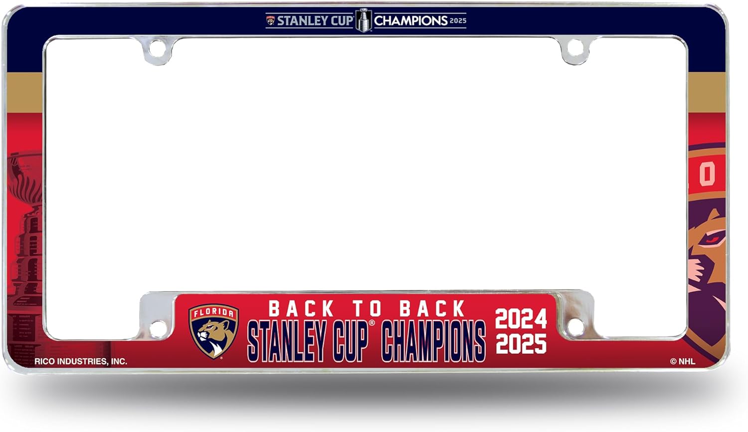 Rico Industries NHL Hockey Florida Panthers Back to Back Champions 2025 12" x 6" Chrome All Over Automotive License Plate Frame for Car/Truck/SUV