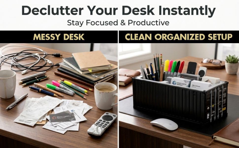 Image of Neonix Desk Organizer Office Supplies Multi Function Shipping Container Style Storage Box Pen Pencil Business Card and Remote Control Holder for Office and Home Gray (Container Storage 5)
