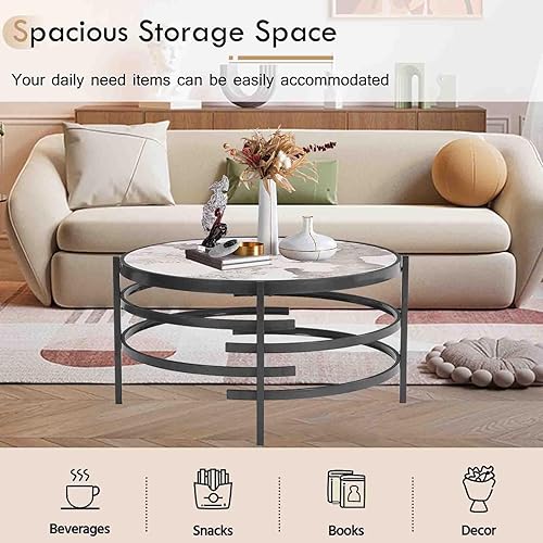 Miniatura 23 de Mesa auxiliar redonda moderna con parte superior de piedra sinterizada, elegante mesa auxiliar de sofá con marco de metal irregular, mesa de centro