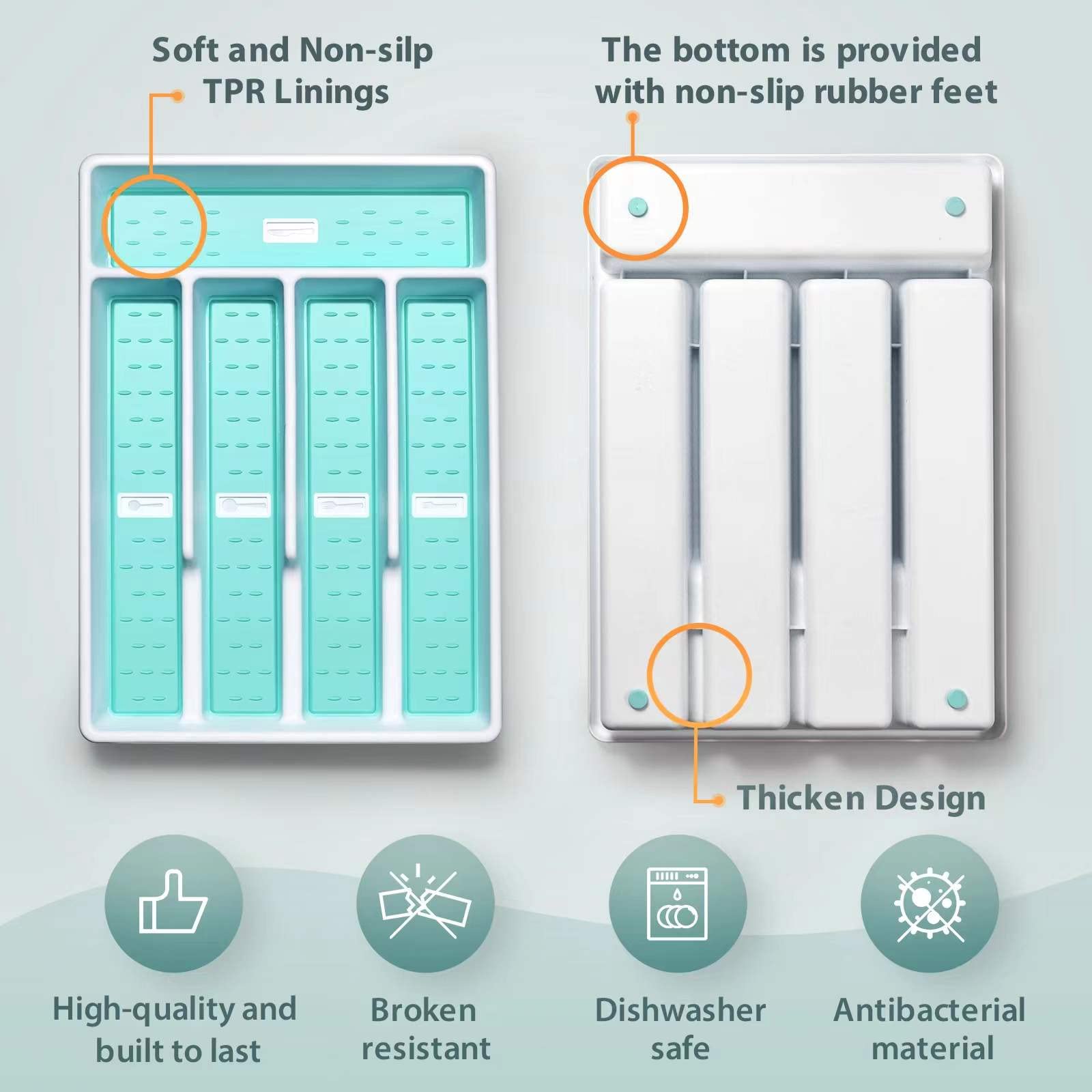 Joequality Silverware Organizer with Icons,Plastic Cutlery silverware Tray for Drawer,Utensil Flatware Tableware Organizer for Kitchen with Non-slip TPR,Fits Standard Drawer,5-Compartment,Mint