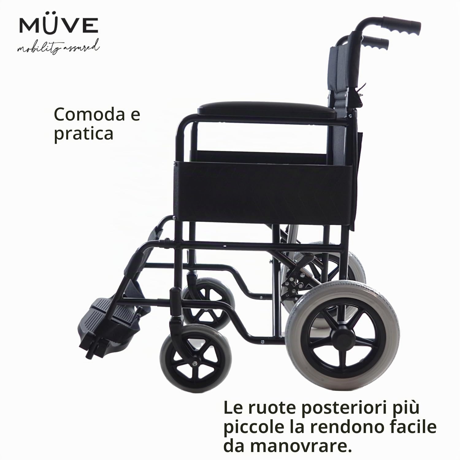 Reliance Medical Muve Sedia a Rotelle Pieghevole - Leggera per Anziani e Disabili, Comoda, Maneggevole e Sicura, Ottima per Mobilità Interna ed Esterna
