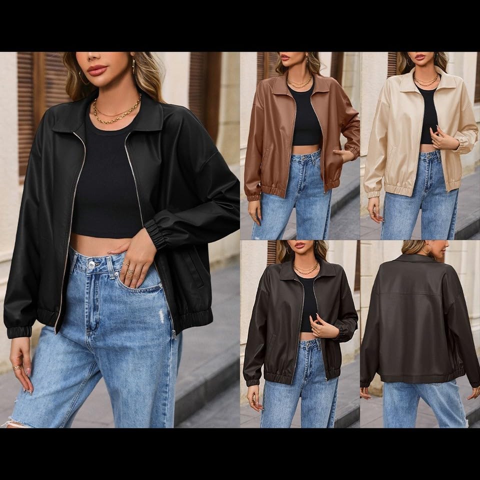 Veste de motard zippée en cuir PU marron manches longues coupe ample - 4