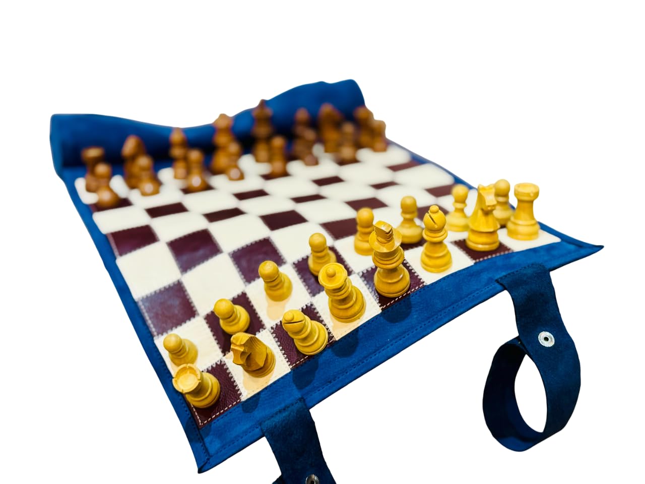 Melia Outlet Magnetisches Schach – Rollbares Luxus-Schachspiel aus Echtleder (B-Ware oder Restposten) | Handgefertigtes Reiseschach mit Holzfiguren - Les Bleus
