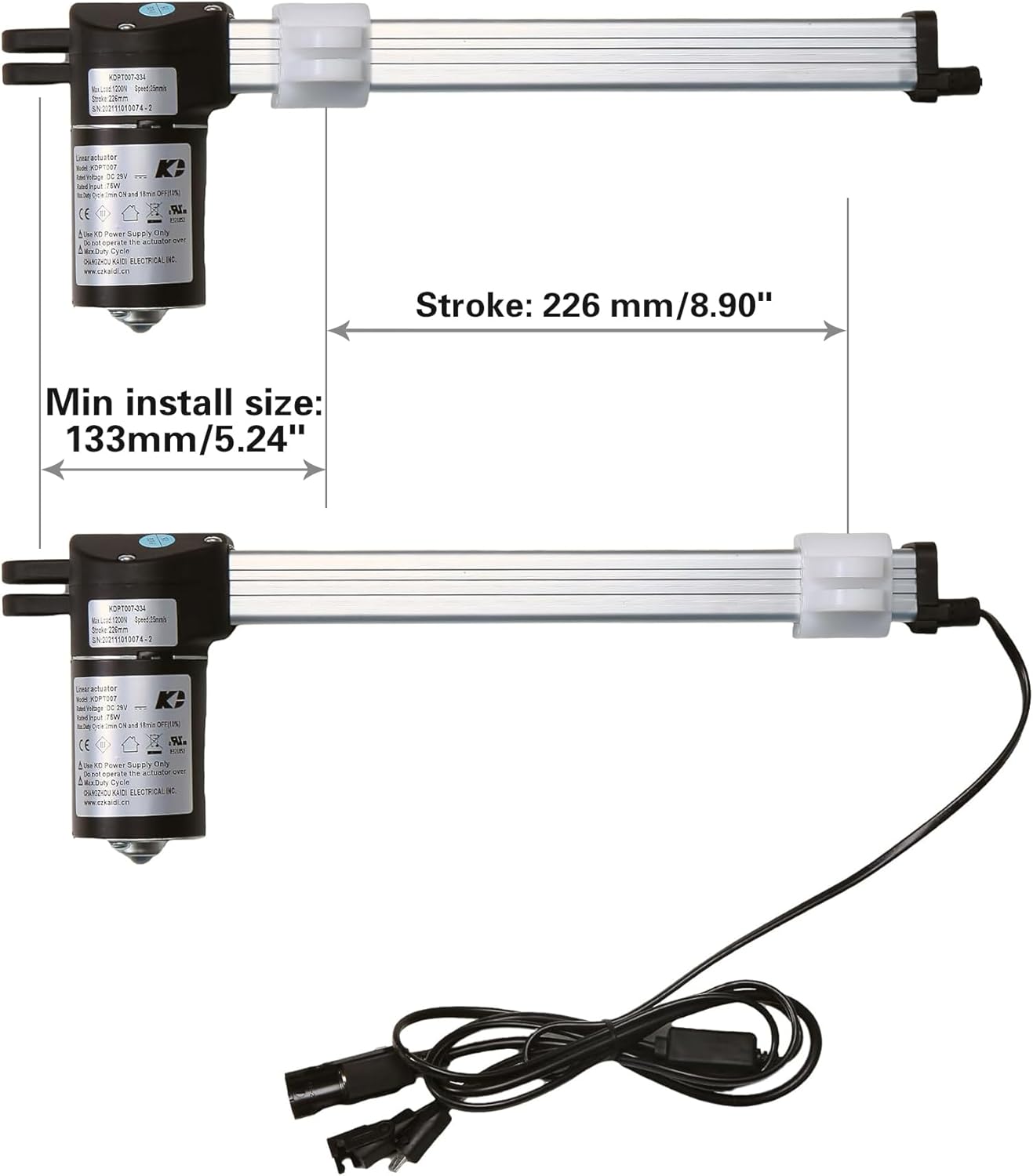 Diagram illustrating the stroke length of 226mm and minimum installation size of 133mm for the linear actuator.