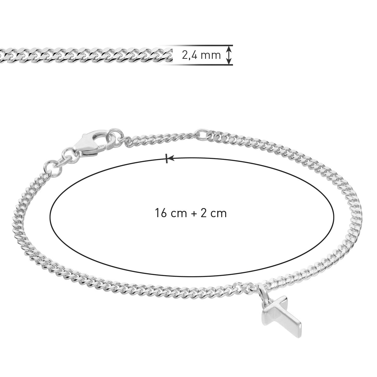trendor Bracciale da ragazza con lettera T, argento 925, rodiato, 21590-T | Bracciale a maglia piatta con taglio a diamante, elegante bracciale per giovani donne,