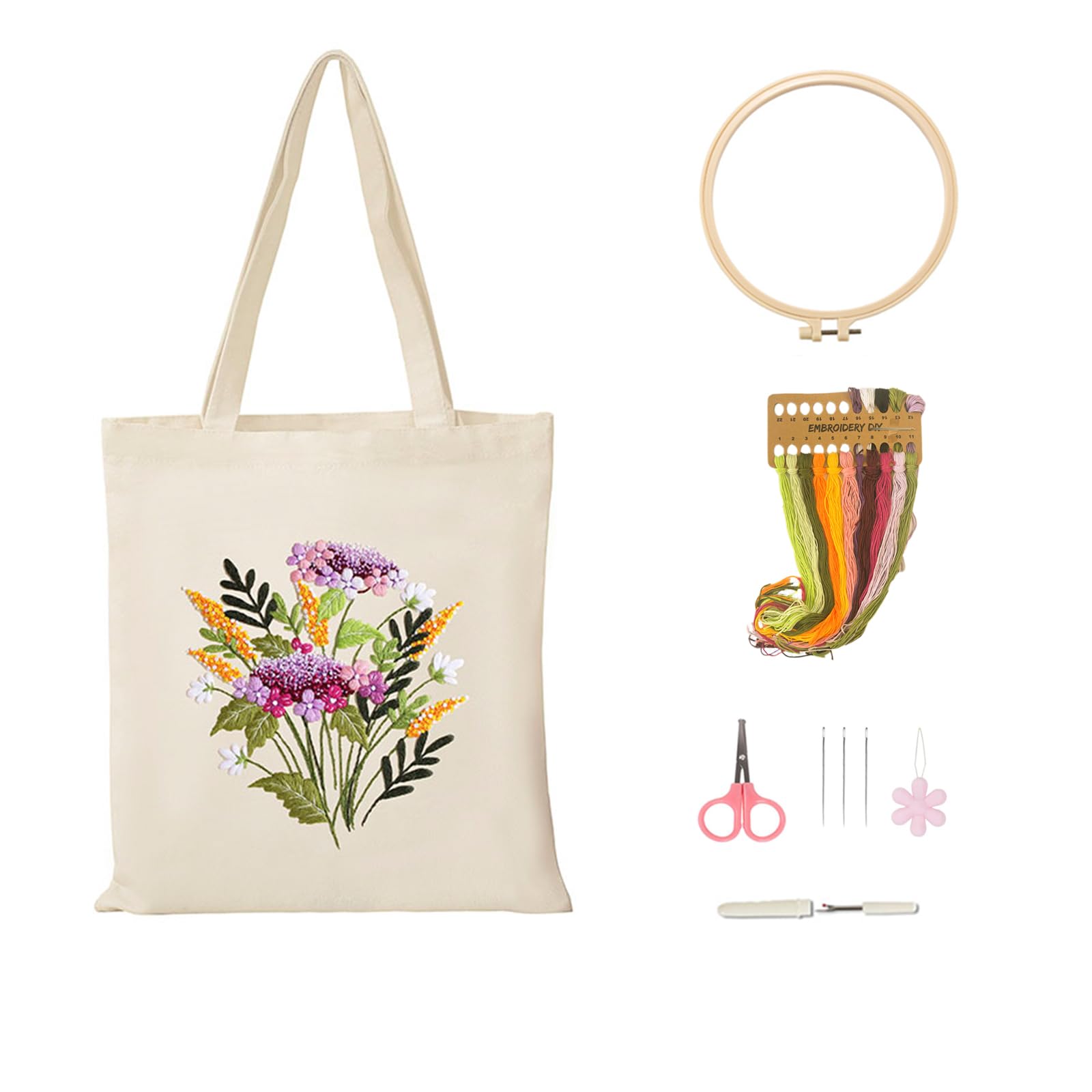 Vigdit Canvas Tote Bag Embroidery Kit for Beginners, Needlepoint Cross Stitch Kit for Adult Beginner, DIY Reusable Grocery Bags Embroidery Starter Kit with Stamped Floral Tools & Instructions