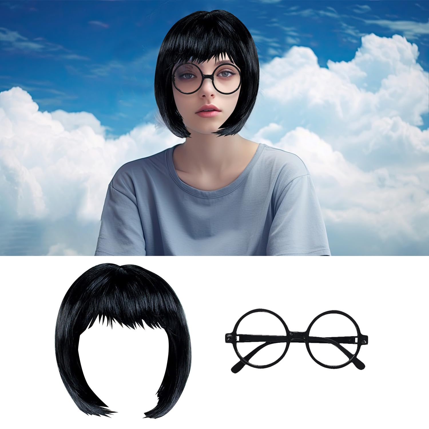 MEISH 2pcs Fashion Designer Accessory Set Black Round Glasses Black Short Bob Wig Cosplay Costume Wig Halloween Costume Night Club Wig for Film Character - Image 4
