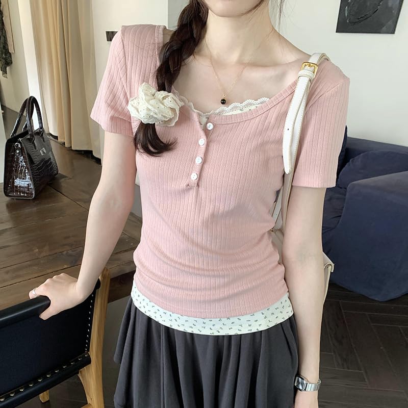 Women Lace Trim Y2K Cute Tshirt Coquette Floral Summer Ribbed Knit Crop Top Fairycore Baby Tees Cottagecore 90s Shirt2