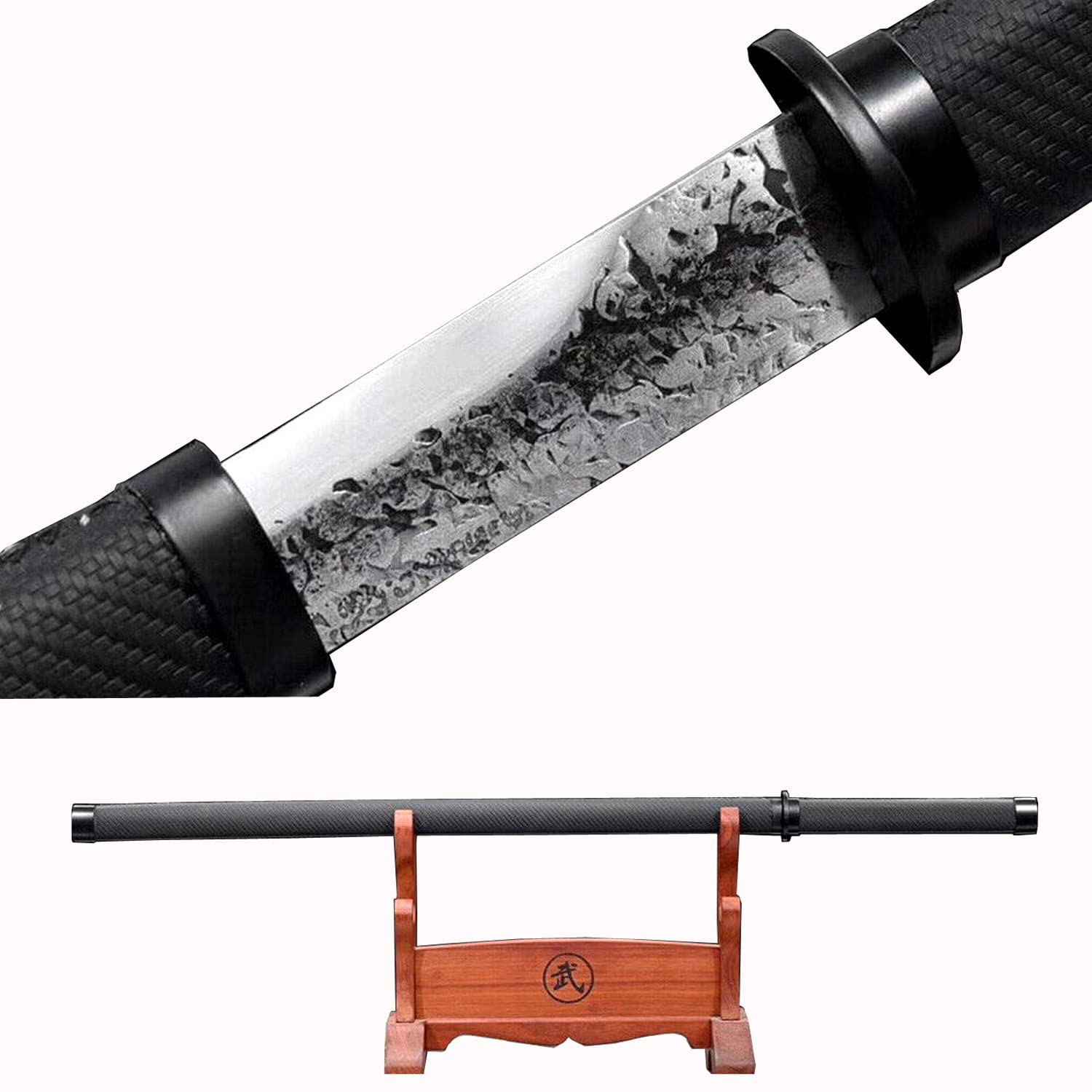Black Dragon Ninja Blue Red Damascus Folded Steel Japanese Samurai Sword Straight Blade Katana Sharp Knife (Black Ninja)