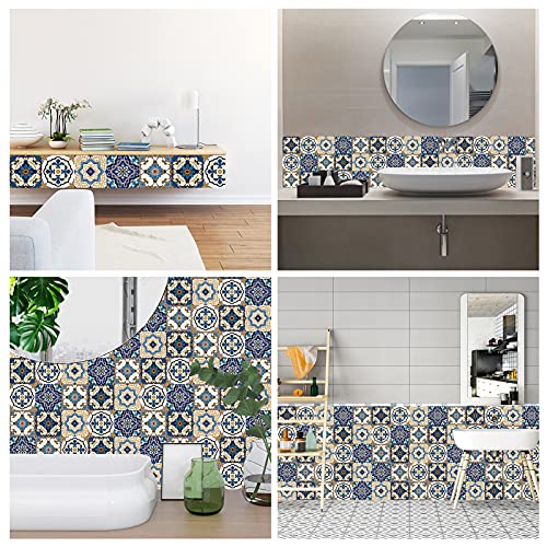 Kakofaci Bohemian Style 12 Pcs (6X6 In) Decorative Tile Stickers,Peel And Stick Wallcovering Self-Adhesive Waterproof Vinyl Tile Stickers For Kitchen Living Room Floor（Blue） #TOP4