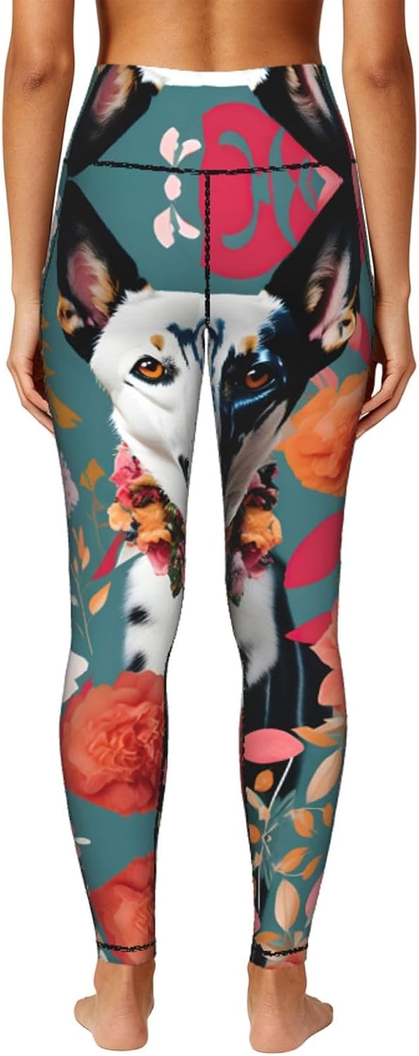 Cattle Dog Florals Print Leggings with Pockets for Women,Gym Clothes,Fitness Clothing,Compression Leggings