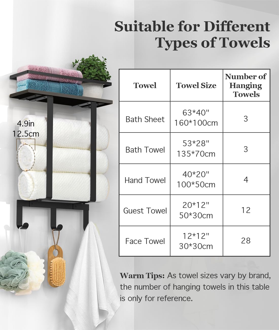 Luxspire Porte-Serviettes de Salle de Bain Mural, Support Serviettes de Bain avec 3 Crochets, Étagère de Rangement de Bain Peut Contenir 3 Serviettes Roulées pour Gel Douche Shampoing, Noir