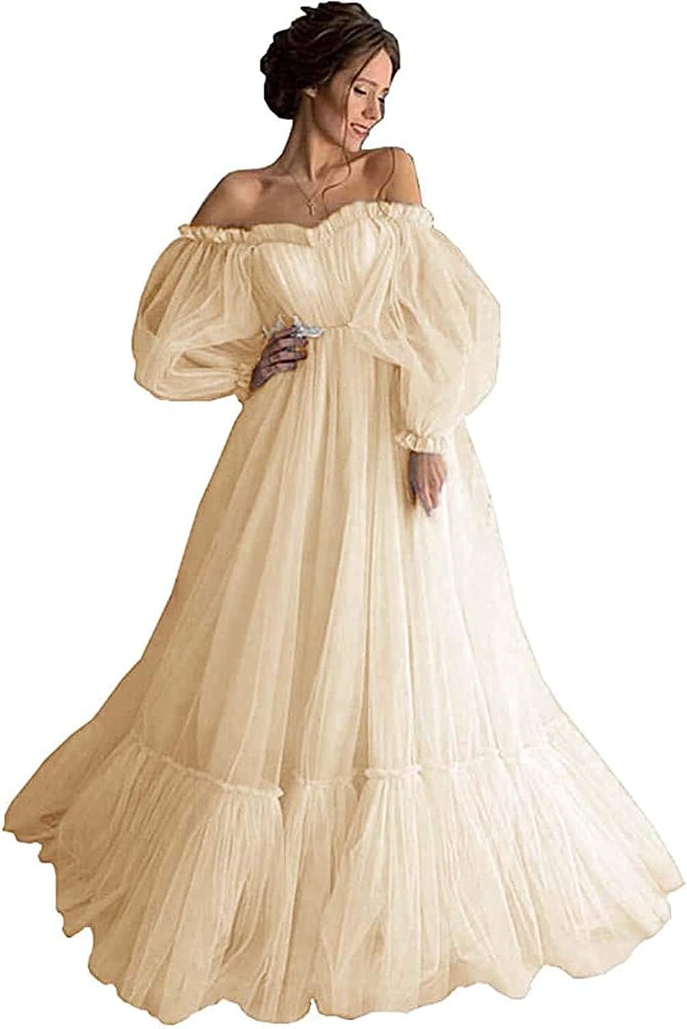 Long Sweetheart Tulle Ball Gowns for Women Formal with Sleeves
