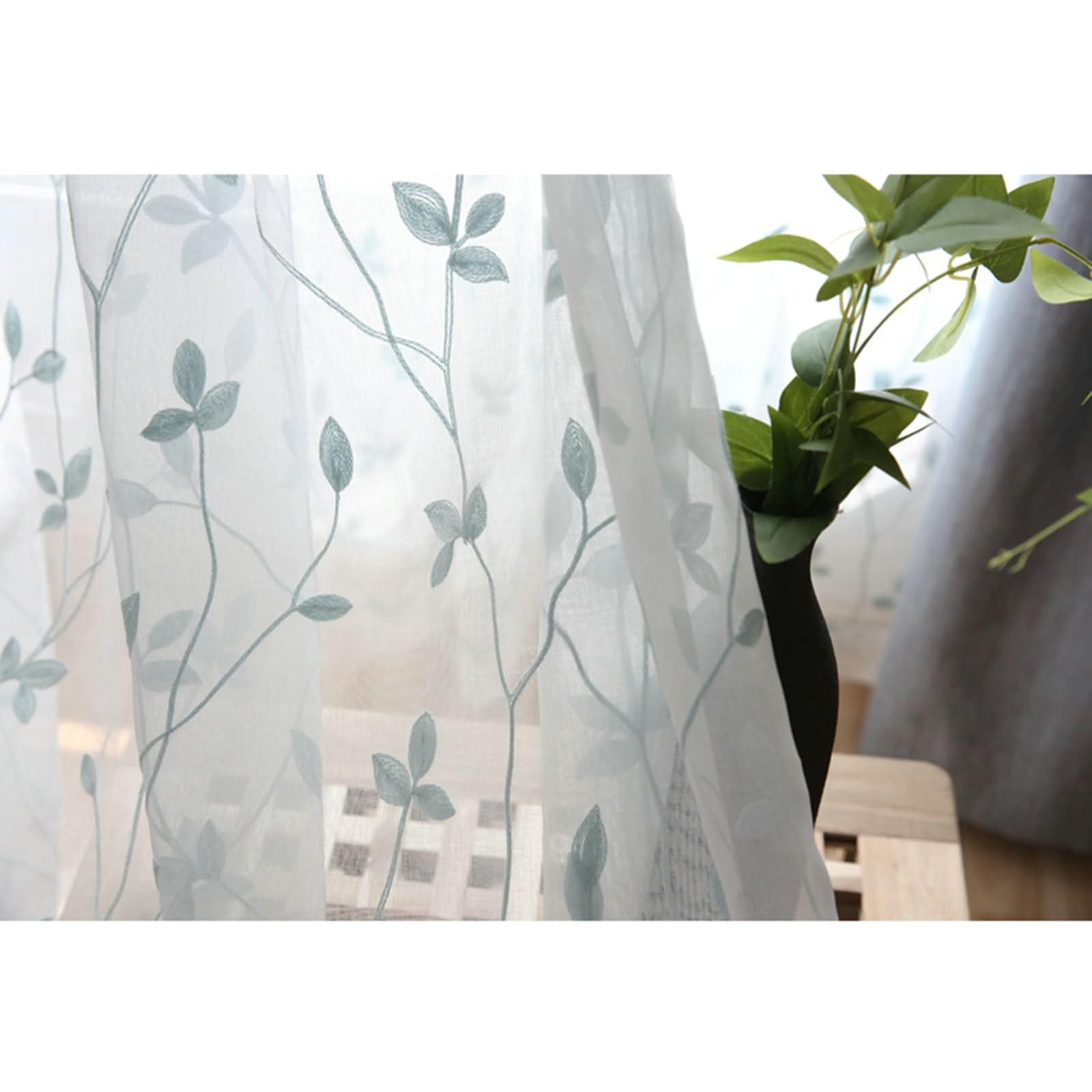 Gardinen Durchsichtig 2er Set,2 x 102W x 183H cm,Gardinen Transparent Voile Blau Grün Stickerei mit Ästen Gardinen Vorhänge mit Ösen