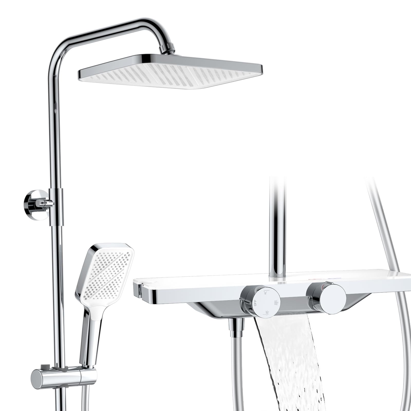 HOMELODY Duschsystem mit Thermostat und Glasablage Chrom - Duscharmatur Komplettset mit 30cm, Handbrause 3 Strahlarten und Unterer Auslauf - Duschset Regendusche mit Armatur