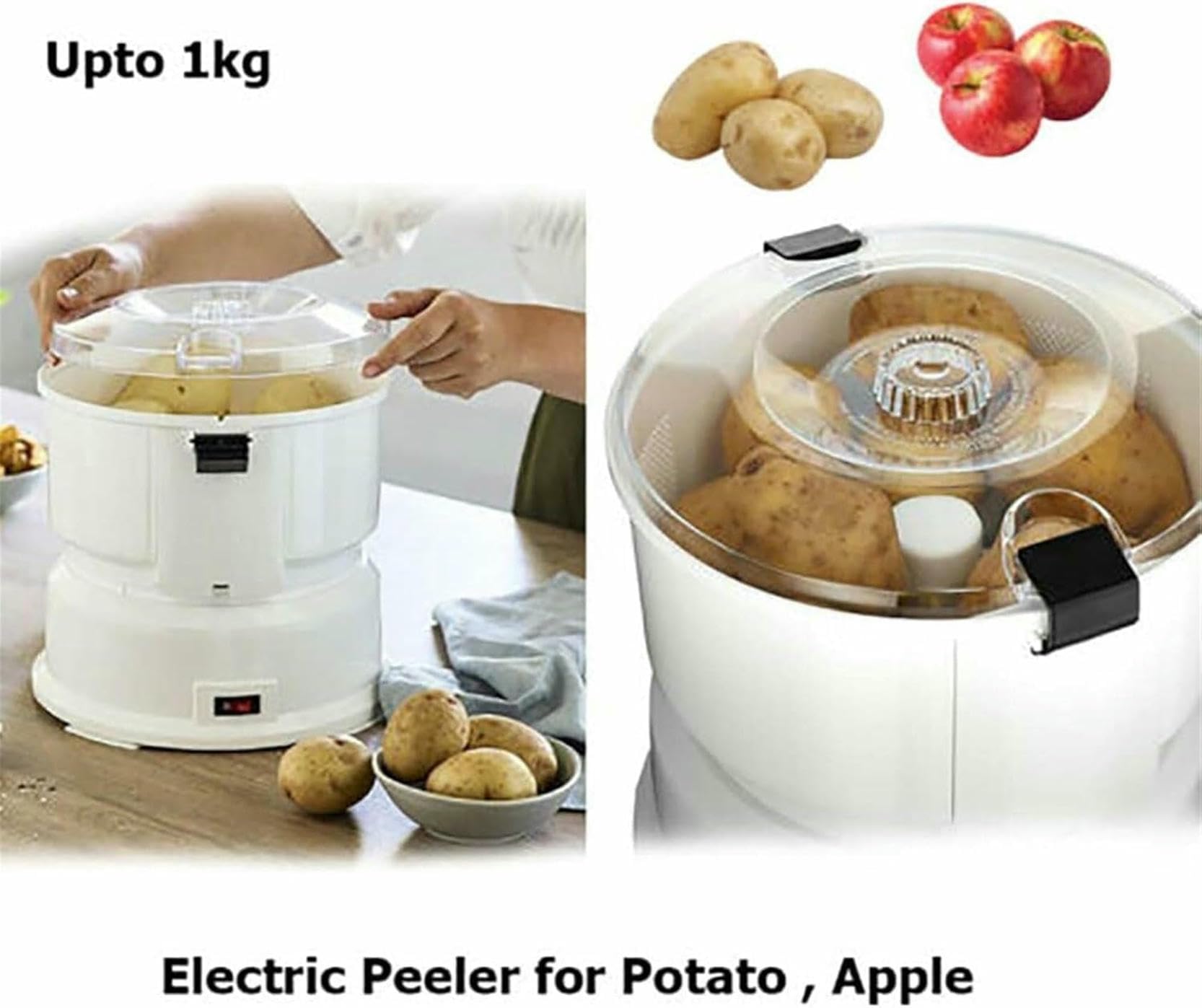 Pelador de Patatas eléctrico automático, pelador de Patatas eléctrico automático, con Cierre de Seguridad Giratorio, batidor de Patatas Blanco de 1 kg de Capacidad y con Agua.