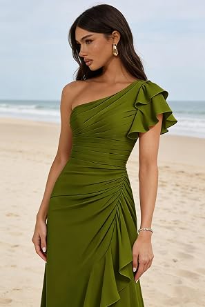 One Shoulder Bridesmaid Dresses for Women 2026 Ruffles Formal Wedding Guest Dress