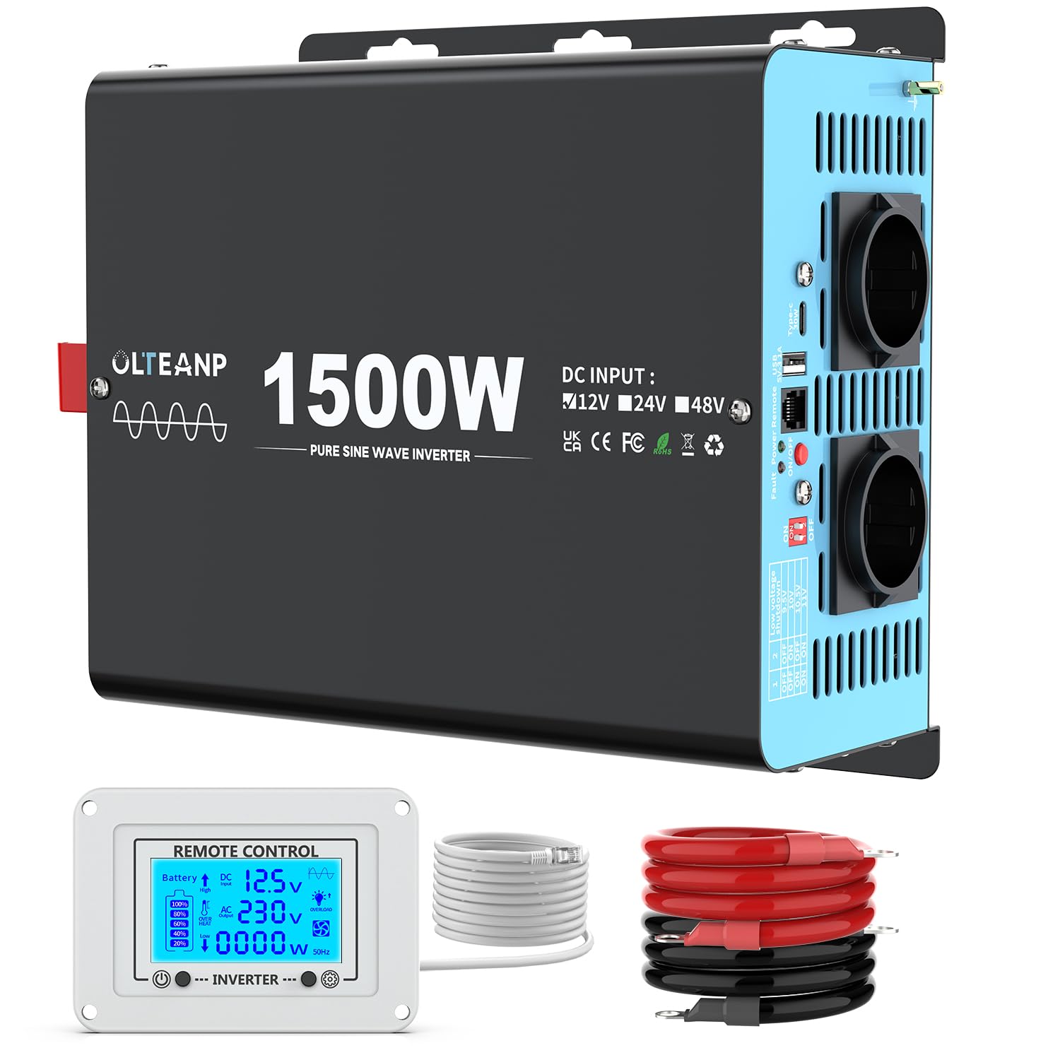 Przetwornica napięcia 1500 W, 12 V na 230 V, czysta sinusoidalna przetwornica napięcia z pilotem LCD – 2 x gniazda AC, USB i typ C – idealny do przyczep kempingowych, na kemping, łódź i w przypadku
