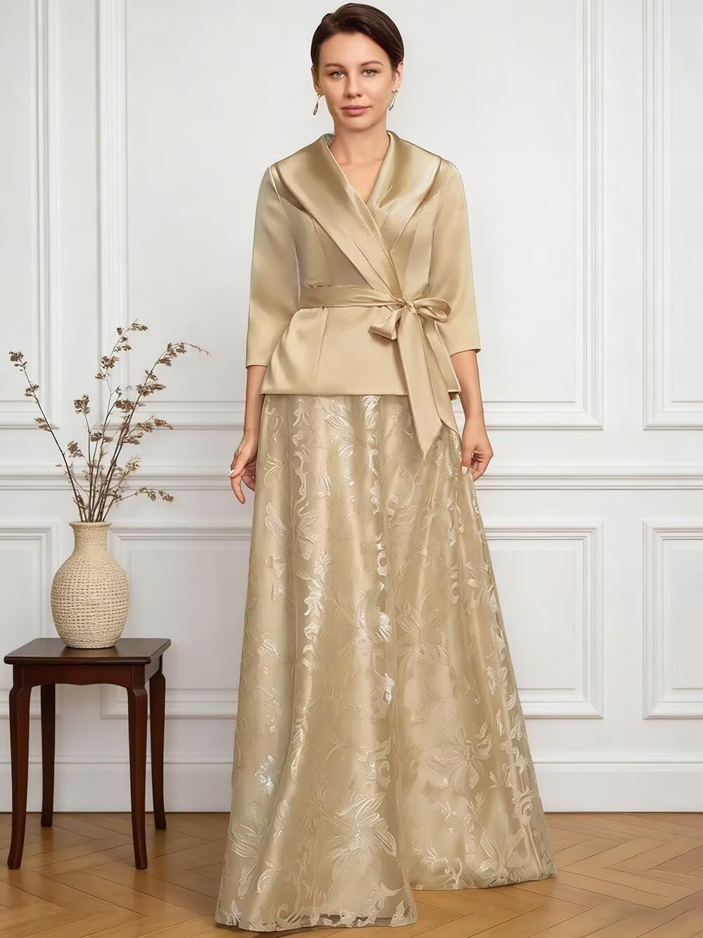 Women's 2 Pieces Mother of The Bride Dresses for Wedding V-Neck Satin Formal Suit Laces Sequin Evening Gowns