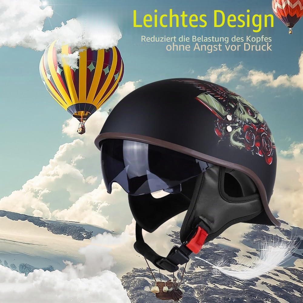 Jethelm mit ECE, Retro Helm im Schwalbenschwanz-Design - Halbschale für Motorrad und Scooter mit Sonnenblende und Herausnehmbares Futter