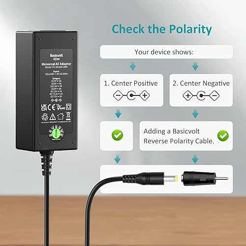 Miniatura 8 de Basicvolt Fuente de alimentación universal de 45 W 15 V 13.5 V 12 V 9 V 7.5 V 6 V 5 V CC, cable de alimentación de repuesto para adaptador de CA de