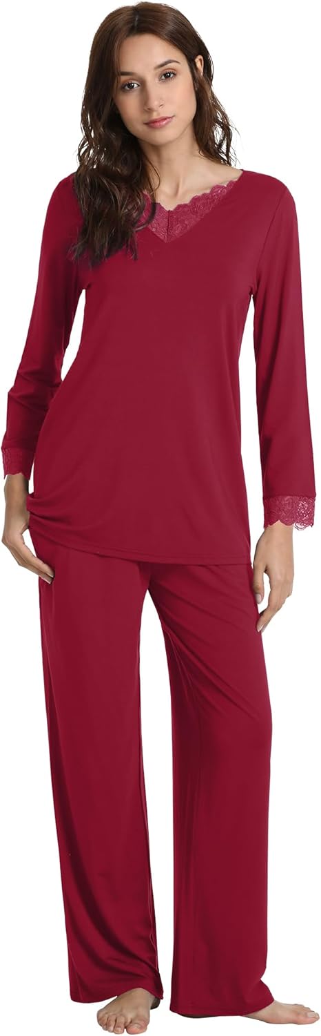 WiWi Bamboo Viscose Pajamas Sets for Women Lace Trim Long Sleeve Sleepwear Lounge Sets Plus Size Pjs with pockets S-4X