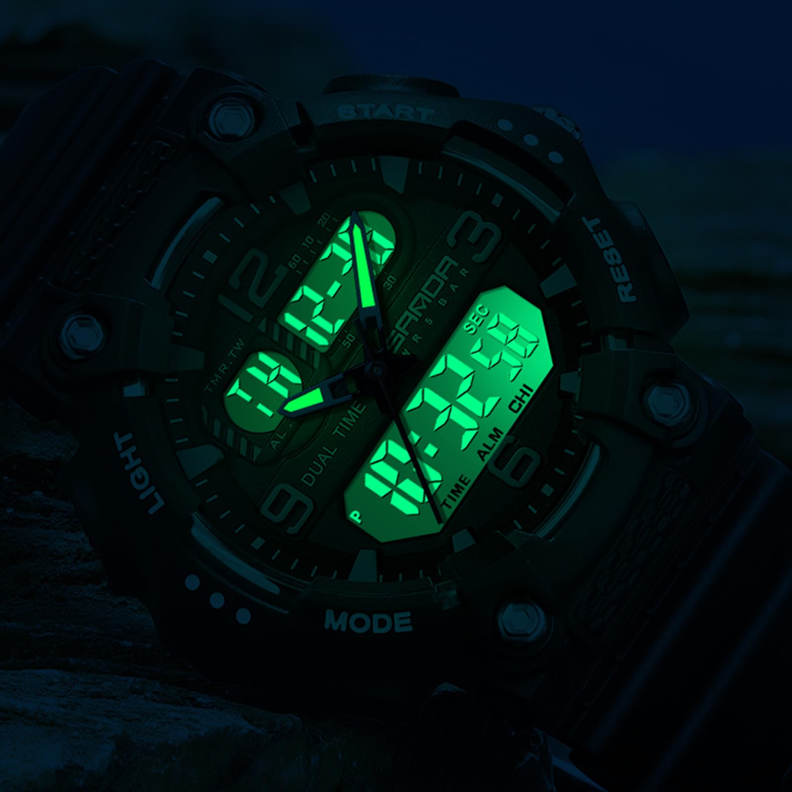 Gosasa Montre de sport analogique numérique pour homme et femme - Double affichage - Étanche jusqu'à 50 m - Style militaire - Robuste - Avec rétroéclairage LED - Bracelet en TPU pour l'entraînement