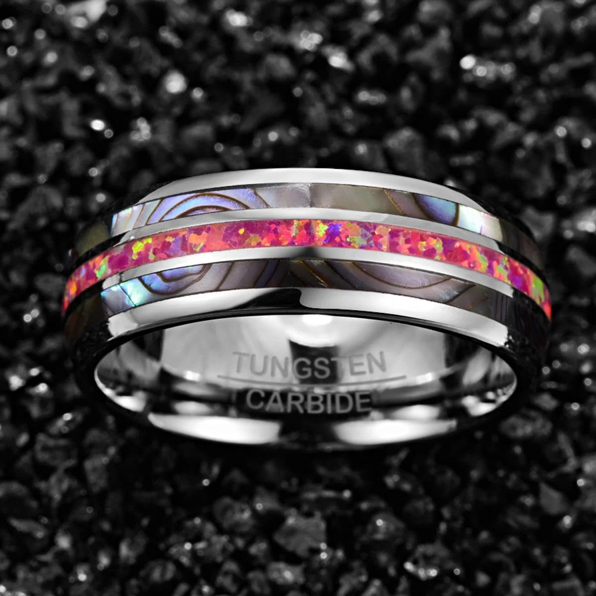 Anillo de carburo de tungsteno Cúpula de Acero de 8 mm con Incrustaciones de Dos Conchas de abulón + Anillo de ópalo Magenta Profundo Ajuste cómodo