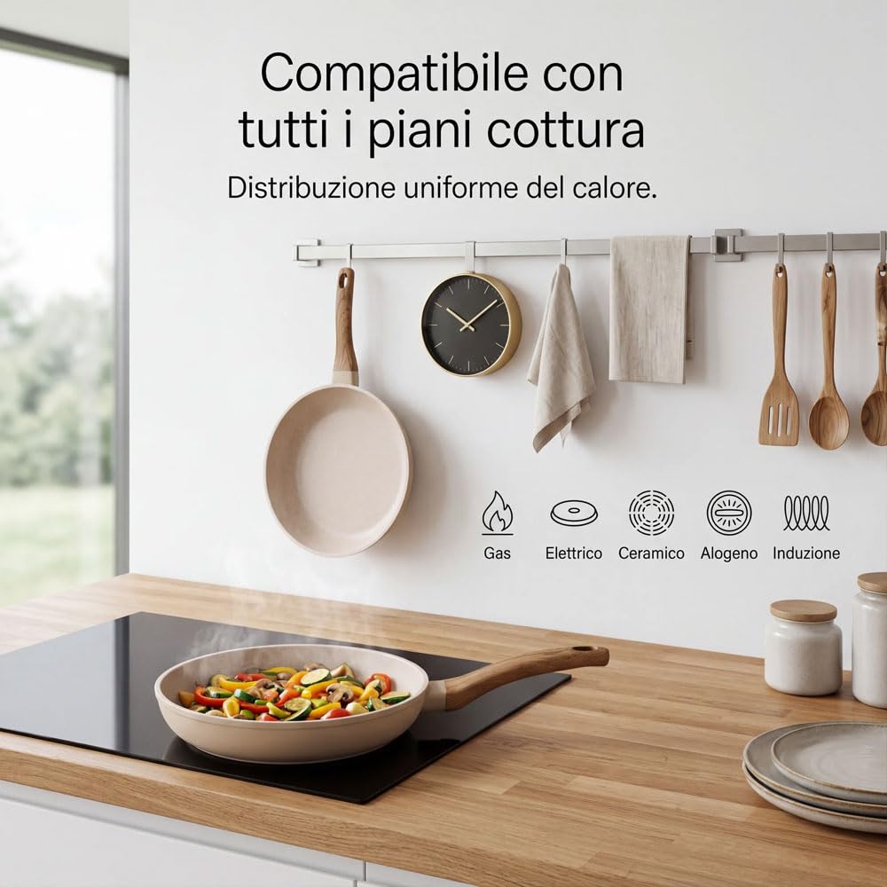 081 Store - Set 3 Padelle Antiaderenti 20, 24 e 28 cm, Padelle per Induzione, Gas e Tutti i Piani Cottura, Rivestimento Effetto Granito, Alluminio Forgiato, Senza PFOA, Manici Ergonomici Effetto Legno