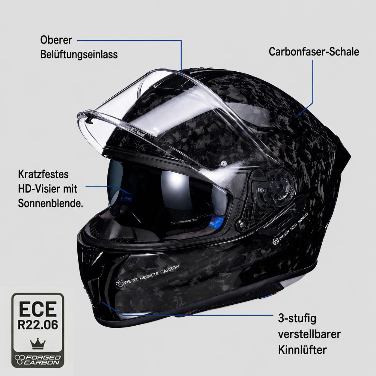 S-GT Motorradhelm Carbon ECE 22.06, Full Face Helm Vollvisierhelm mit Kratzfestem Visier