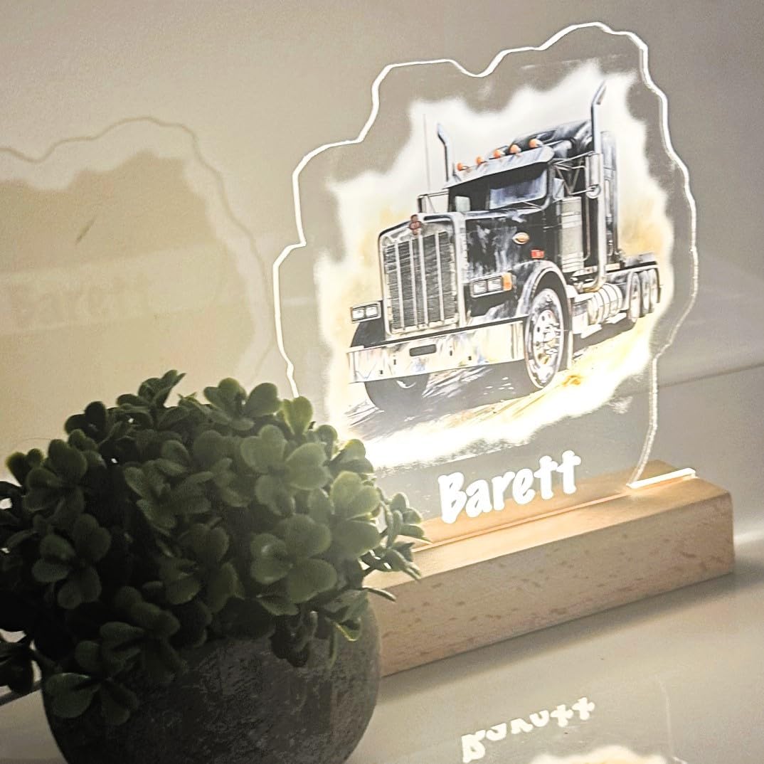 Personalized Semi Truck Light Up Big Rig Wood Base LED Night Light Table Lamp | Ideal Gift Idea for Dads, Kids, Teens, Truckers, Mechanics Trucking 18 Wheeler Tractor Trailer Stand Display