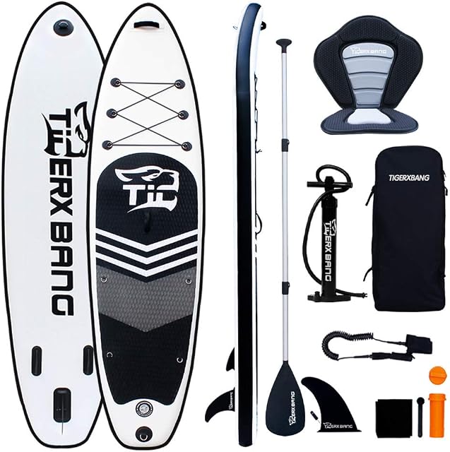 TIGERXBANG Inflatable Stand Up Paddle Board SUP Board with Kayak Seat |320x82x15cm| for Adults/Kids| ISUP PaddleBoarding Complete Kit-Black Tiger Collection