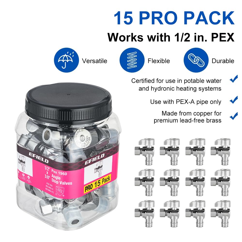 Paquete de 15 válvulas de ángulo de parada EFIELD Pex-A de 1/4 de vuelta, compresión de 3/8 pulgadas de diámetro exterior x expansión Pex-A de 1/2 pulgada, latón LF chapado en cromo, resistente