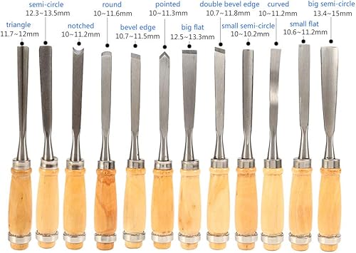 Miniatura 4 de Juego de herramientas de cincel de madera, 12 piezas de cinceles de carpintería, herramientas de tallado de madera, herramientas de torno de