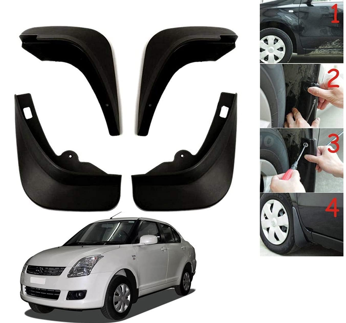 Auto Addict Car Mud Flaps Splash Guards (O.E Type Custom,4 pcs) for Maruti Suzuki Swift Dzire Old Type-1 (2008-2011)